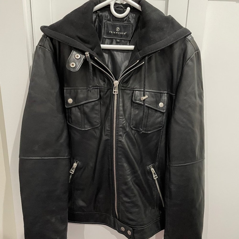 7 DIAMONDS, MENS BLACK LEATHER BOMBER JACKET WITH HOODIE, LARGE